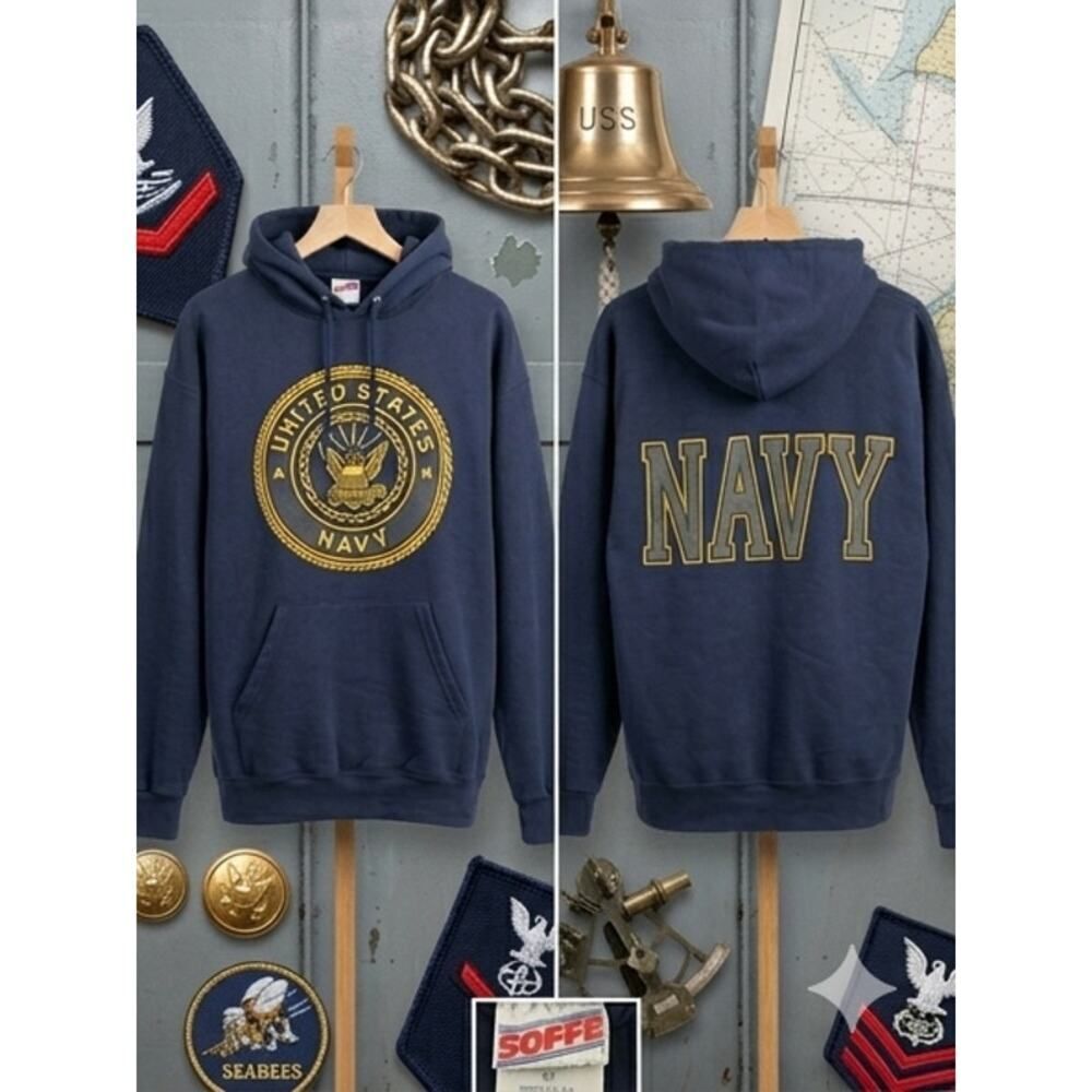 Vintage 90s US Navy Hoodie USA Made Soffe Sweatshirt Military Navy Spellout M